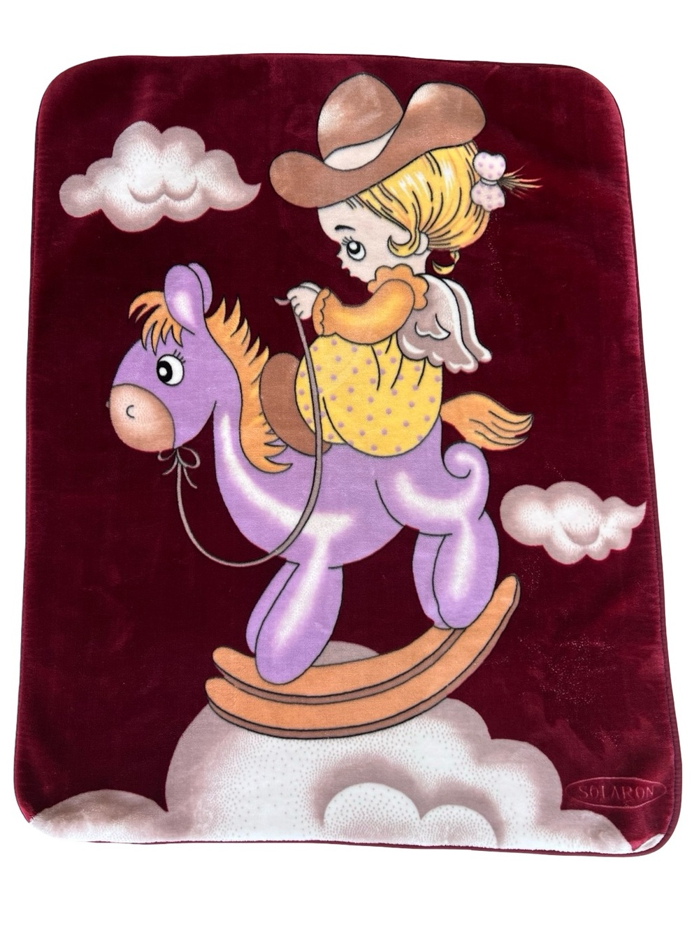 VTG Solaron‎ Western Angel Baby Rocking-Horse Blanket Plush Minky Maroon 56x44”